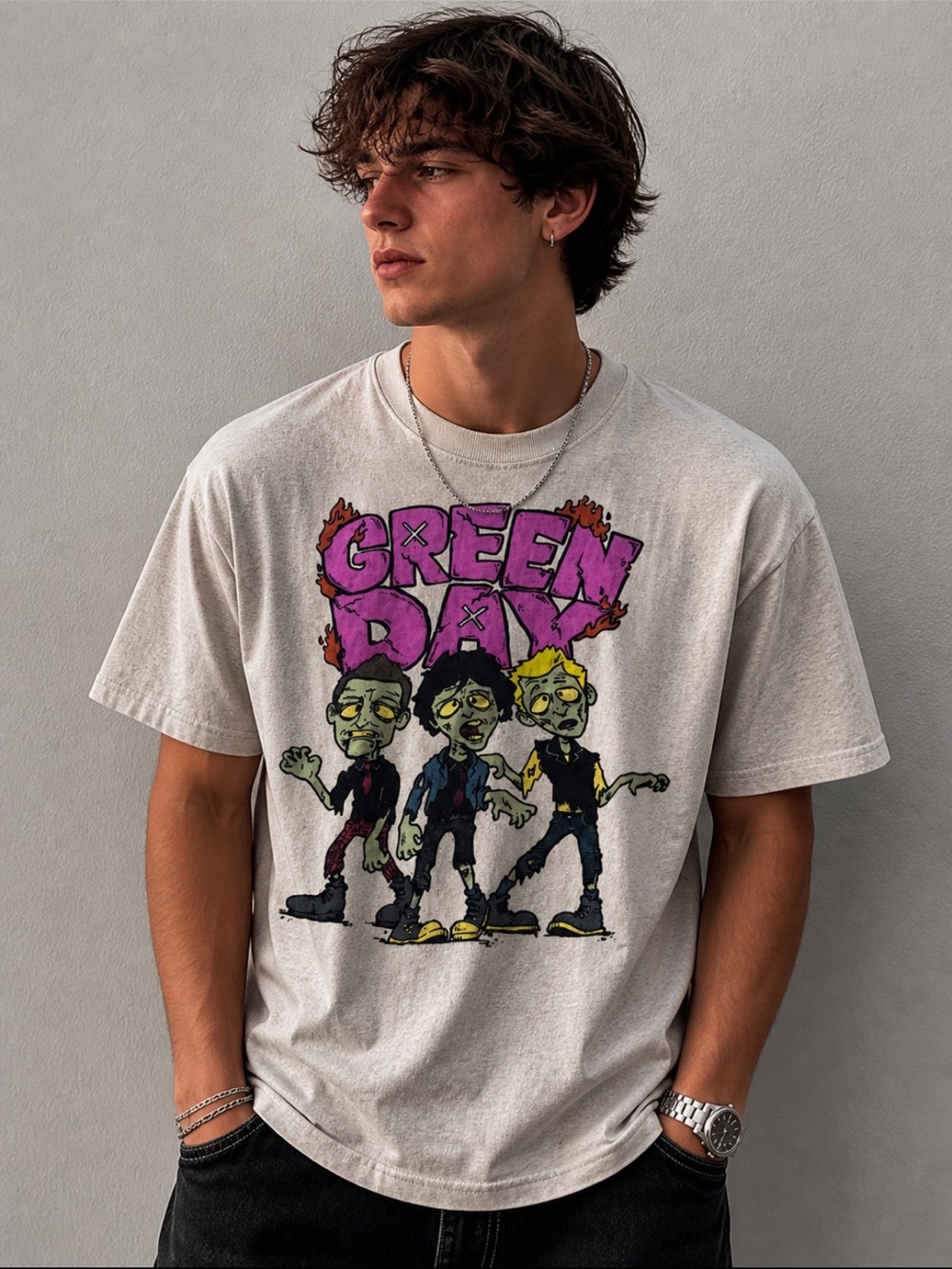 Green Day Graphic Band Tee Medium Zombie Cartoon Punk Rock Shirt Beige